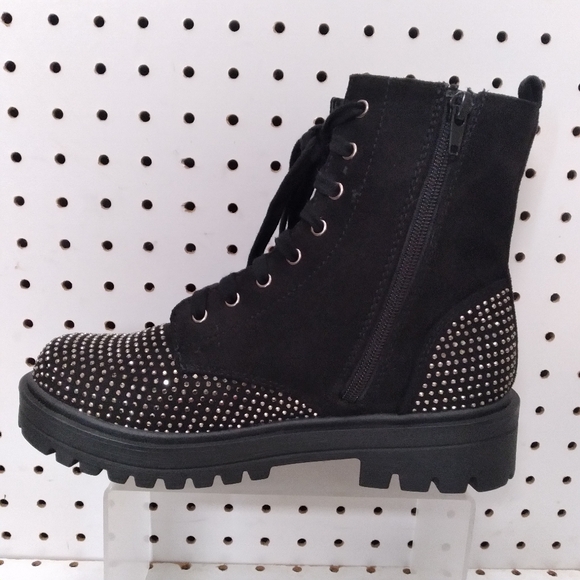 Women's Gold Rhinestone Chunky Platform Ankle Boots Lace Up Zip Up Black Gold - Picture 5 of 9